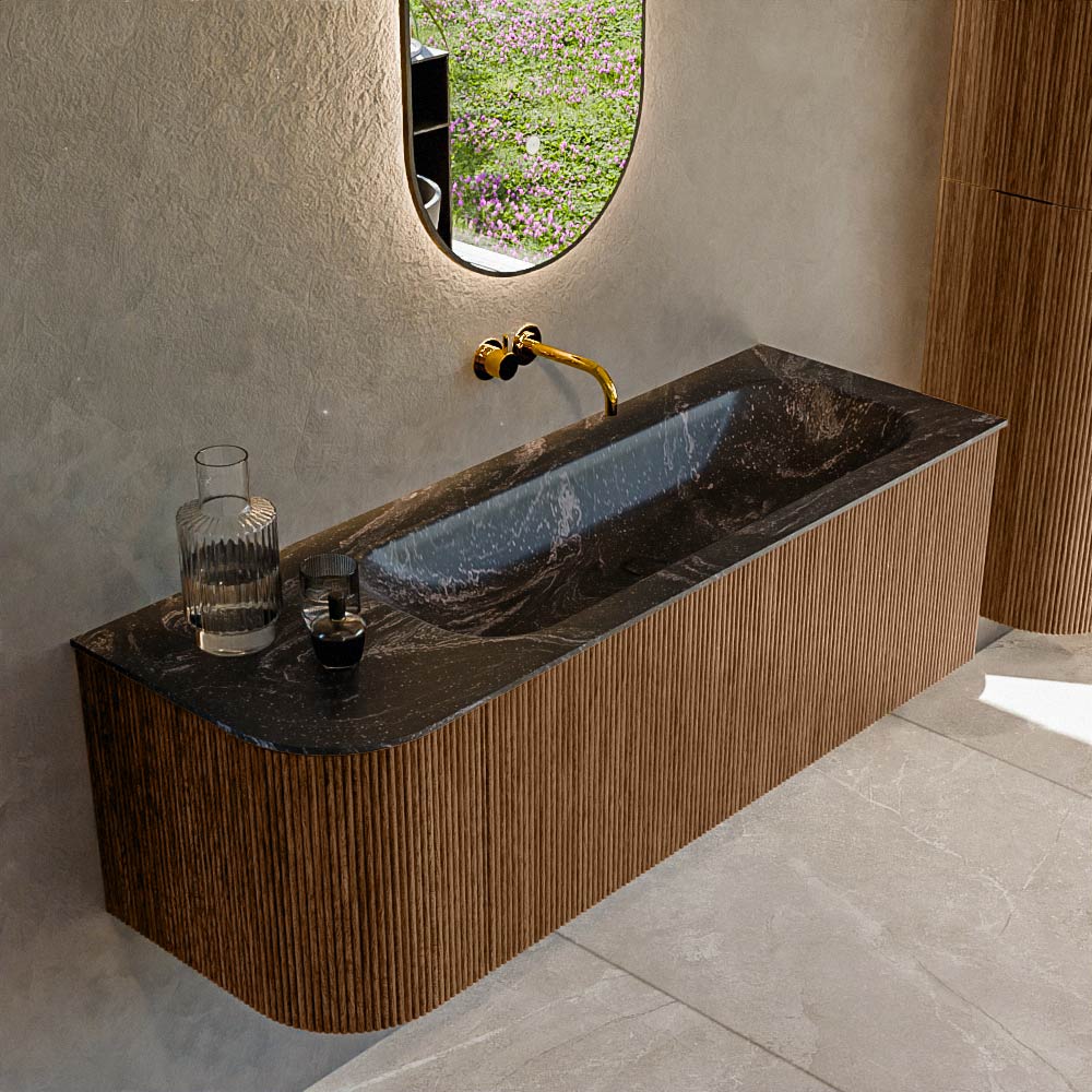 MONDIAZ KURVE-DLUX 135cm badmeubel ronding Links kleur Walnut met 1 lade en 1 deur. Wastafel BIG MEDIUM Rechts zonder kraangat Lava.