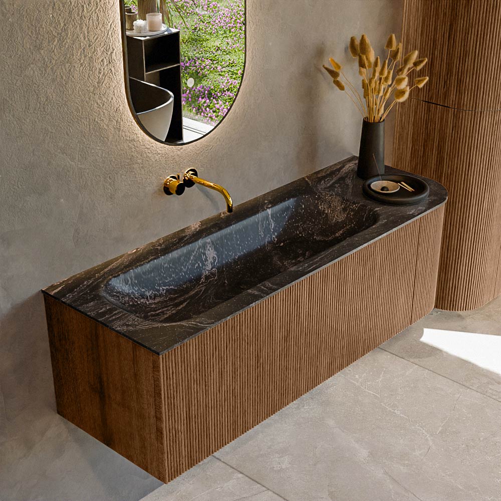 MONDIAZ KURVE-DLUX 135cm badmeubel ronding Rechts kleur Walnut met 1 lade en 1 deur. Wastafel BIG MEDIUM Links zonder kraangat Lava.