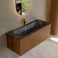 MONDIAZ KURVE-DLUX 110cm badmeubel kleur Walnut met 1 lade en 0 deuren. Wastafel BIG MEDIUM Midden 1 kraangat Lava.