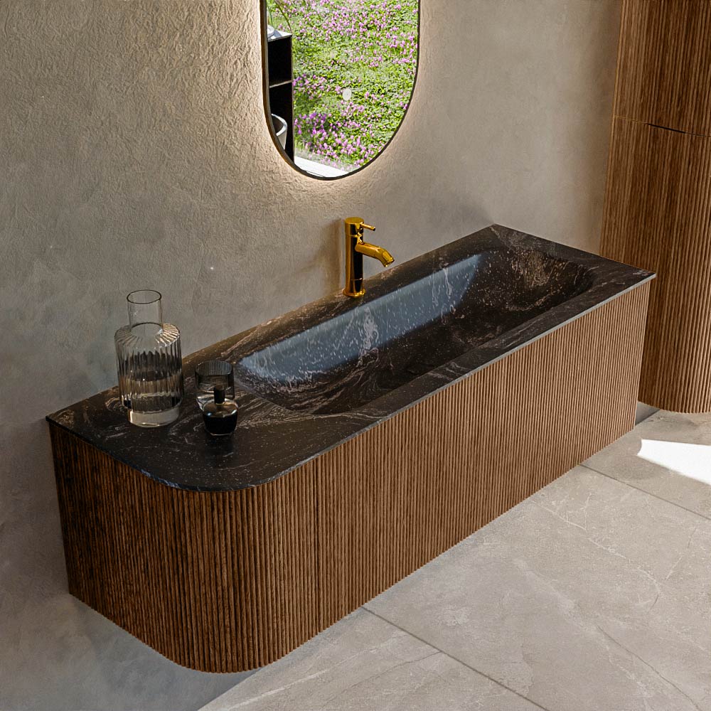 MONDIAZ KURVE-DLUX 135cm badmeubel ronding Links kleur Walnut met 1 lade en 1 deur. Wastafel BIG MEDIUM Rechts 1 kraangat Lava.
