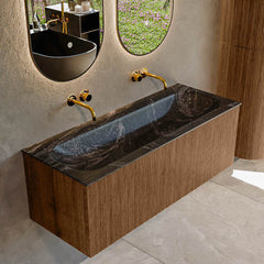 MONDIAZ KURVE-DLUX 120cm badmeubel kleur Walnut met 1 lade en 0 deuren. Wastafel BIG LARGE Midden zonder kraangat Lava.