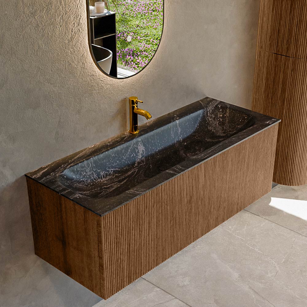 MONDIAZ KURVE-DLUX 120cm badmeubel kleur Walnut met 1 lade en 0 deuren. Wastafel BIG LARGE Midden 1 kraangat Lava.