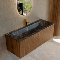 MONDIAZ KURVE-DLUX 120cm badmeubel kleur Walnut met 1 lade en 0 deuren. Wastafel BIG LARGE Midden 1 kraangat Lava.