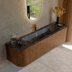 MONDIAZ KURVE-DLUX 170cm badmeubel ronding Links + Rechts kleur Walnut met 1 lade en 2 deuren. Wastafel BIG LARGE Midden 1 kraangat Lava.