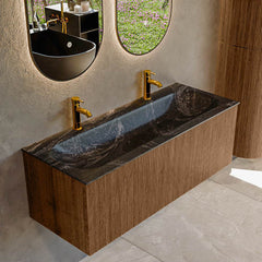 MONDIAZ KURVE-DLUX 120cm badmeubel kleur Walnut met 1 lade en 0 deuren. Wastafel BIG LARGE Midden 2 kraangaten Lava.