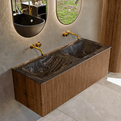 MONDIAZ KURVE-DLUX 120cm badmeubel kleur Walnut met 1 lade en 0 deuren. Wastafel LEAF Dubbel zonder kraangat Lava.