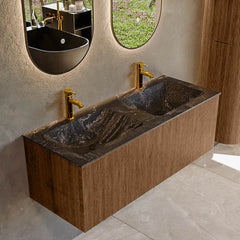MONDIAZ KURVE-DLUX 120cm badmeubel kleur Walnut met 1 lade en 0 deuren. Wastafel LEAF Dubbel 2 kraangaten Lava.