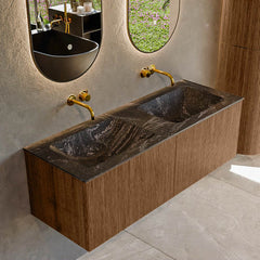 MONDIAZ KURVE-DLUX 130cm badmeubel kleur Walnut met 2 lades en 0 deuren. Wastafel LEAF Dubbel zonder kraangat Lava.