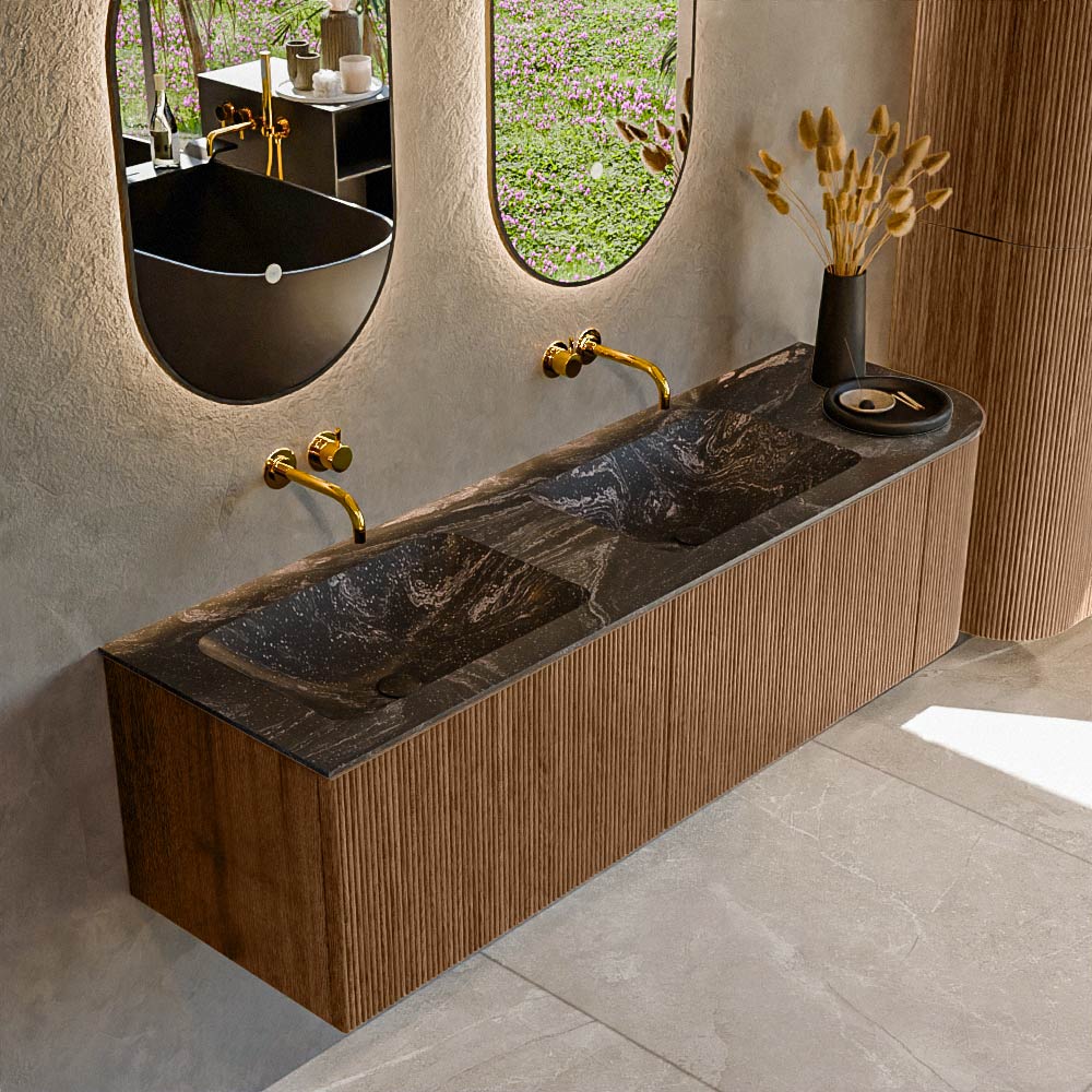 MONDIAZ KURVE-DLUX 155cm badmeubel ronding Rechts kleur Walnut met 2 lades en 1 deur. Wastafel LEAF Dubbel / Links zonder kraangat Lava.