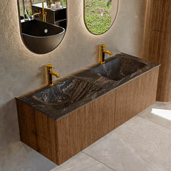 MONDIAZ KURVE-DLUX 130cm badmeubel kleur Walnut met 2 lades en 0 deuren. Wastafel LEAF Dubbel 2 kraangaten Lava.