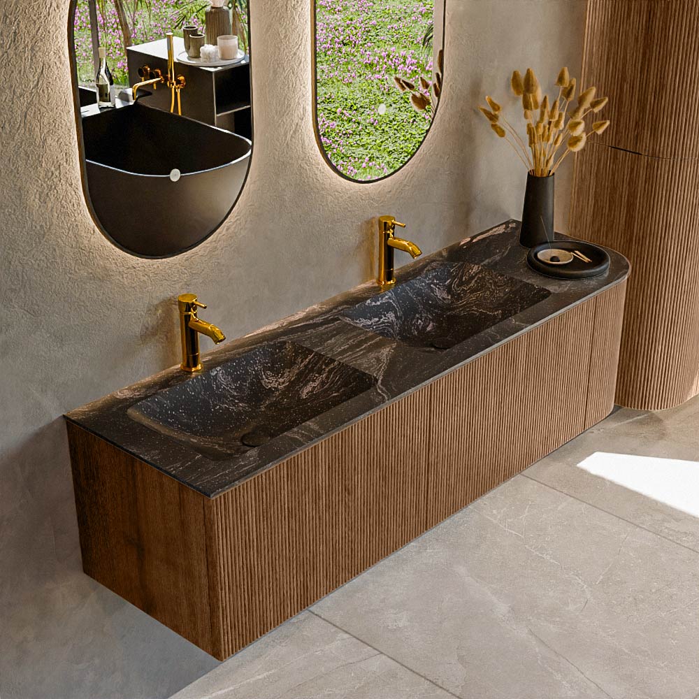 MONDIAZ KURVE-DLUX 155cm badmeubel ronding Rechts kleur Walnut met 2 lades en 1 deur. Wastafel LEAF Dubbel / Links 2 kraangaten Lava.