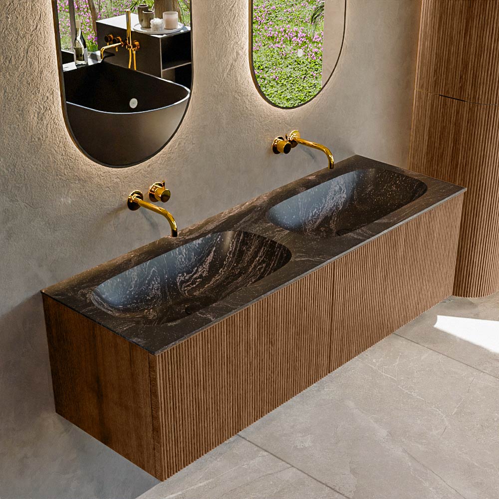 MONDIAZ KURVE-DLUX 140cm badmeubel kleur Walnut met 2 lades en 0 deuren. Wastafel STOR SMALL Dubbel zonder kraangat Lava.