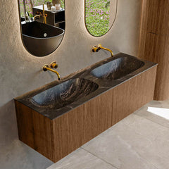 MONDIAZ KURVE-DLUX 140cm badmeubel kleur Walnut met 2 lades en 0 deuren. Wastafel STOR SMALL Dubbel zonder kraangat Lava.