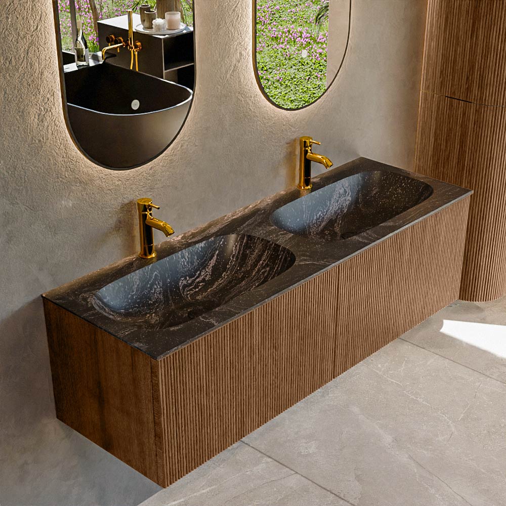 MONDIAZ KURVE-DLUX 140cm badmeubel kleur Walnut met 2 lades en 0 deuren. Wastafel STOR SMALL Dubbel 2 kraangaten Lava.