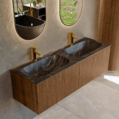 MONDIAZ KURVE-DLUX 140cm badmeubel kleur Walnut met 2 lades en 0 deuren. Wastafel STOR SMALL Dubbel 2 kraangaten Lava.