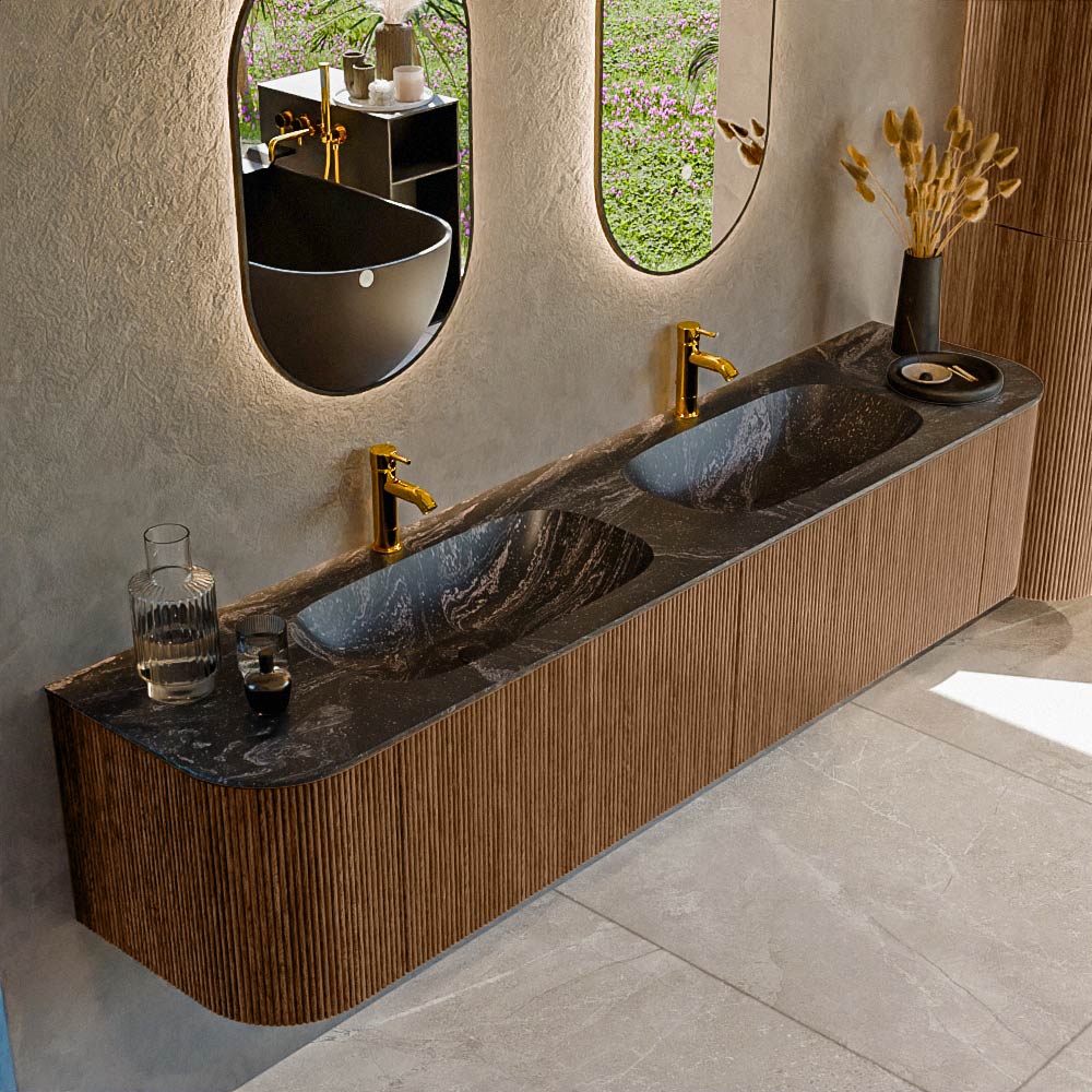 MONDIAZ KURVE-DLUX 200cm badmeubel ronding Links + Rechts kleur Walnut met 2 lades en 2 deuren. Wastafel STOR SMALL Dubbel 2 kraangaten Lava.