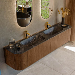 MONDIAZ KURVE-DLUX 200cm badmeubel ronding Links + Rechts kleur Walnut met 2 lades en 2 deuren. Wastafel STOR SMALL Dubbel 2 kraangaten Lava.