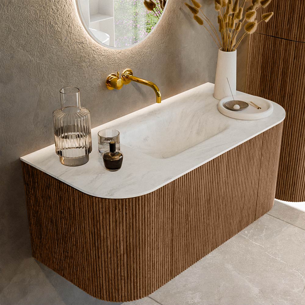 MONDIAZ KURVE-DLUX 100cm badmeubel ronding Links + Rechts kleur Walnut met 1 lade en 2 deuren. Wastafel GRUNNE Midden zonder kraangat Opalo.