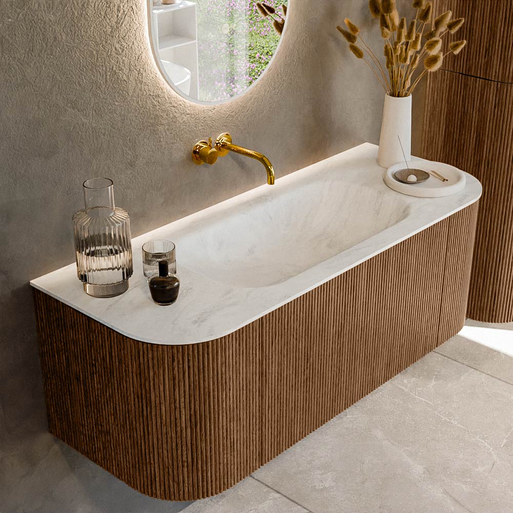 MONDIAZ KURVE-DLUX 120cm badmeubel ronding Links + Rechts kleur Walnut met 1 lade en 2 deuren. Wastafel BIG SMALL Midden zonder kraangat Opalo.