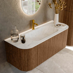 MONDIAZ KURVE-DLUX 120cm badmeubel ronding Links + Rechts kleur Walnut met 1 lade en 2 deuren. Wastafel BIG SMALL Midden 1 kraangat Opalo.