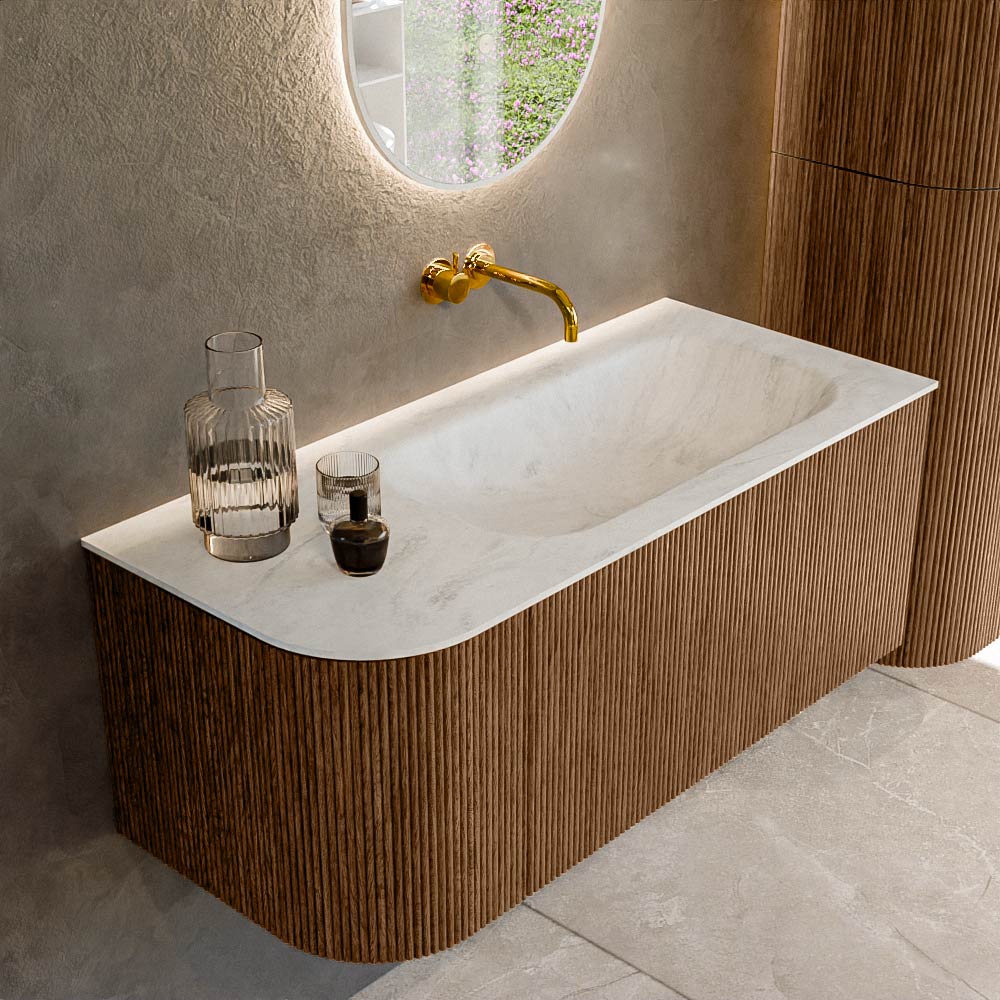 MONDIAZ KURVE-DLUX 105cm badmeubel ronding Links kleur Walnut met 1 lade en 1 deur. Wastafel BIG SMALL Rechts zonder kraangat Opalo.