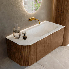 MONDIAZ KURVE-DLUX 105cm badmeubel ronding Links kleur Walnut met 1 lade en 1 deur. Wastafel BIG SMALL Rechts zonder kraangat Opalo.