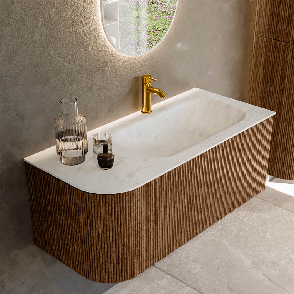 MONDIAZ KURVE-DLUX 105cm badmeubel ronding Links kleur Walnut met 1 lade en 1 deur. Wastafel BIG SMALL Rechts 1 kraangat Opalo.