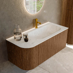 MONDIAZ KURVE-DLUX 105cm badmeubel ronding Links kleur Walnut met 1 lade en 1 deur. Wastafel BIG SMALL Rechts 1 kraangat Opalo.
