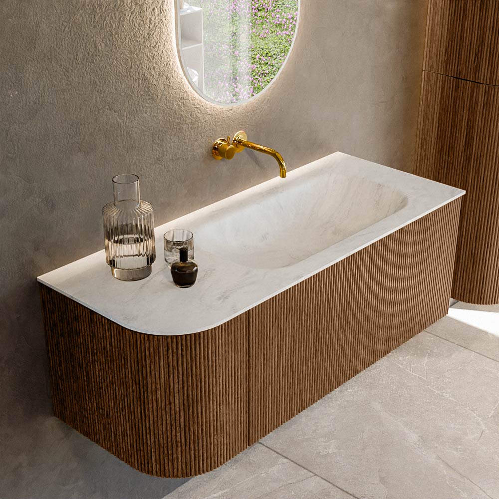 MONDIAZ KURVE-DLUX 115cm badmeubel ronding Links kleur Walnut met 1 lade en 1 deur. Wastafel BIG SMALL Rechts zonder kraangat Opalo.