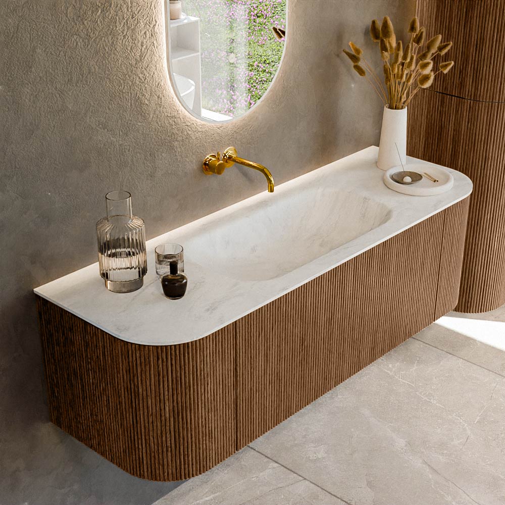 MONDIAZ KURVE-DLUX 140cm badmeubel ronding Links + Rechts kleur Walnut met 1 lade en 2 deuren. Wastafel BIG SMALL Midden zonder kraangat Opalo.