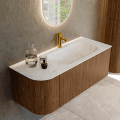 MONDIAZ KURVE-DLUX 115cm badmeubel ronding Links kleur Walnut met 1 lade en 1 deur. Wastafel BIG SMALL Rechts 1 kraangat Opalo.