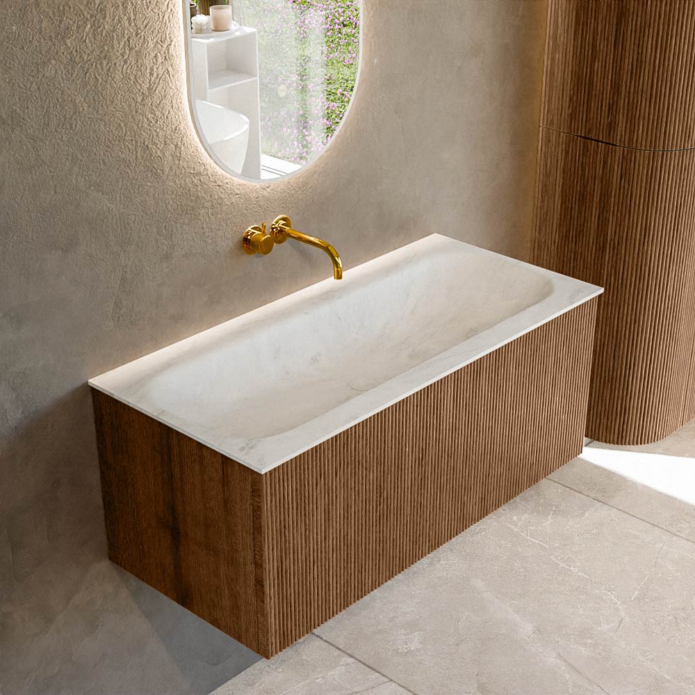 MONDIAZ KURVE-DLUX 100cm badmeubel kleur Walnut met 1 lade en 0 deuren. Wastafel BIG MEDIUM Midden zonder kraangat Opalo.