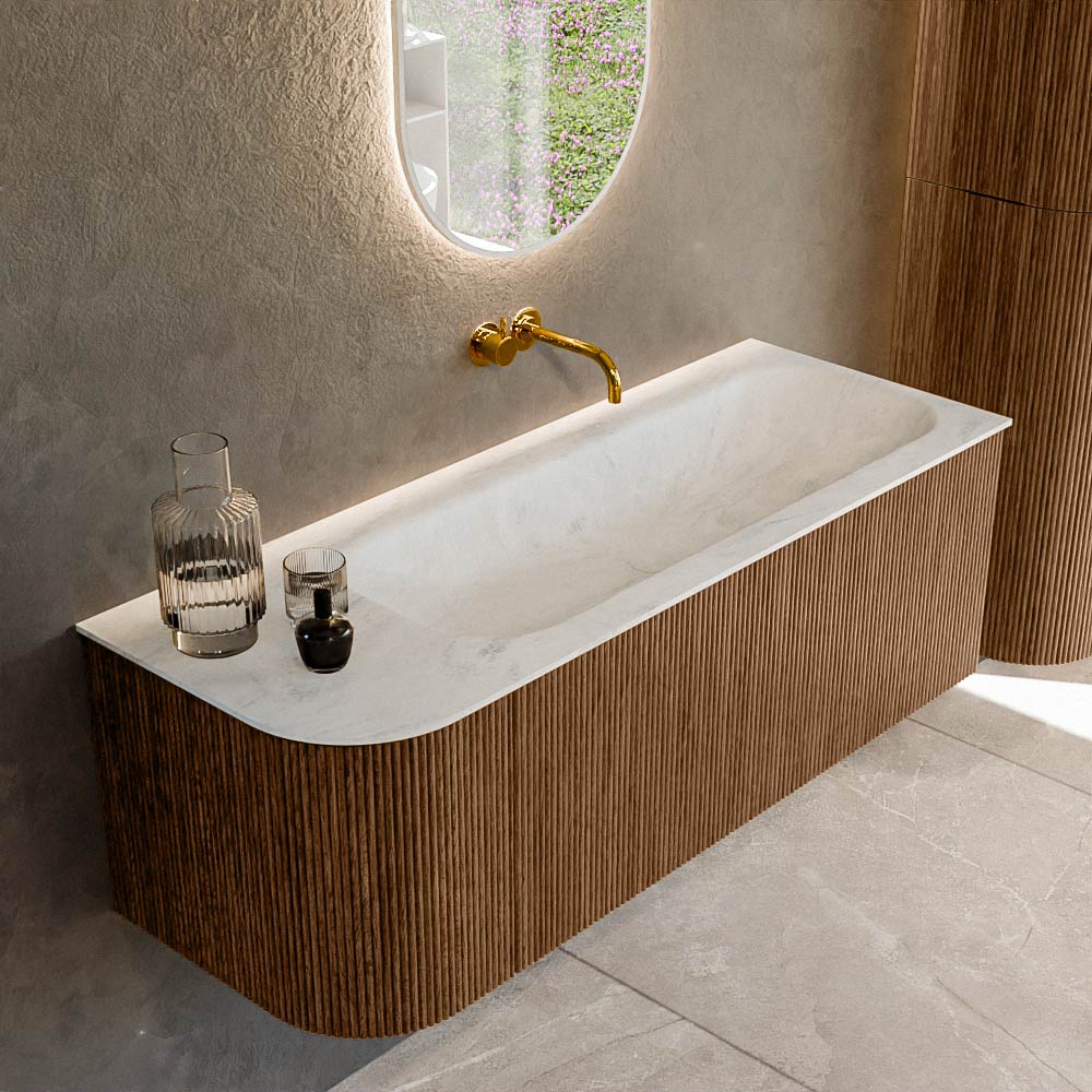 MONDIAZ KURVE-DLUX 125cm badmeubel ronding Links kleur Walnut met 1 lade en 1 deur. Wastafel BIG MEDIUM Rechts zonder kraangat Opalo.