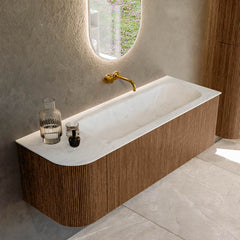 MONDIAZ KURVE-DLUX 135cm badmeubel ronding Links kleur Walnut met 1 lade en 1 deur. Wastafel BIG MEDIUM Rechts zonder kraangat Opalo.