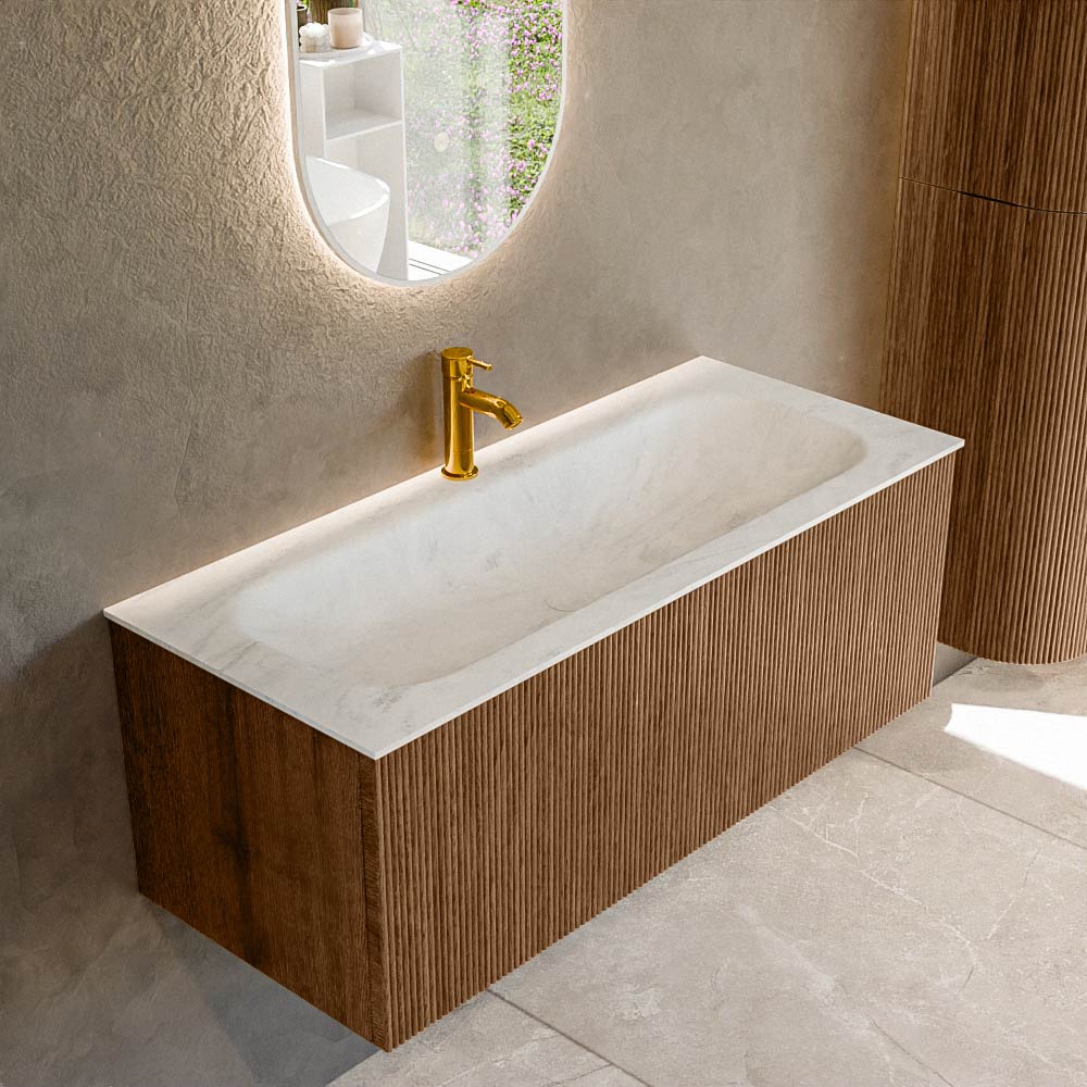 MONDIAZ KURVE-DLUX 110cm badmeubel kleur Walnut met 1 lade en 0 deuren. Wastafel BIG MEDIUM Midden 1 kraangat Opalo.