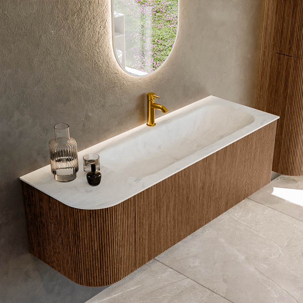 MONDIAZ KURVE-DLUX 135cm badmeubel ronding Links kleur Walnut met 1 lade en 1 deur. Wastafel BIG MEDIUM Rechts 1 kraangat Opalo.