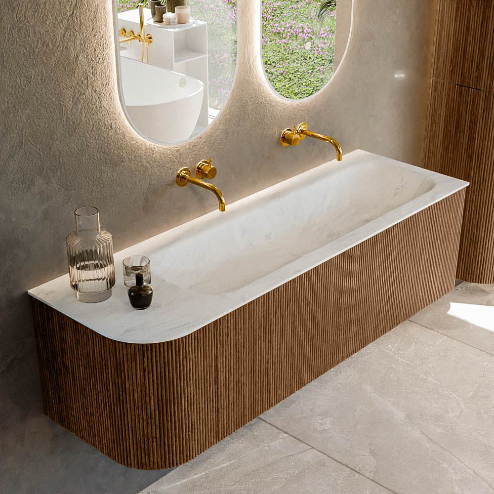 MONDIAZ KURVE-DLUX 145cm badmeubel ronding Links kleur Walnut met 1 lade en 1 deur. Wastafel BIG LARGE Rechts zonder kraangat Opalo.