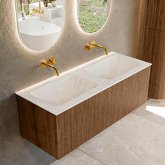 MONDIAZ KURVE-DLUX 120cm badmeubel kleur Walnut met 1 lade en 0 deuren. Wastafel LEAF Dubbel zonder kraangat Opalo.