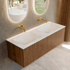 MONDIAZ KURVE-DLUX 130cm badmeubel kleur Walnut met 2 lades en 0 deuren. Wastafel LEAF Dubbel zonder kraangat Opalo.