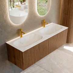 MONDIAZ KURVE-DLUX 140cm badmeubel kleur Walnut met 2 lades en 0 deuren. Wastafel STOR SMALL Dubbel 2 kraangaten Opalo.