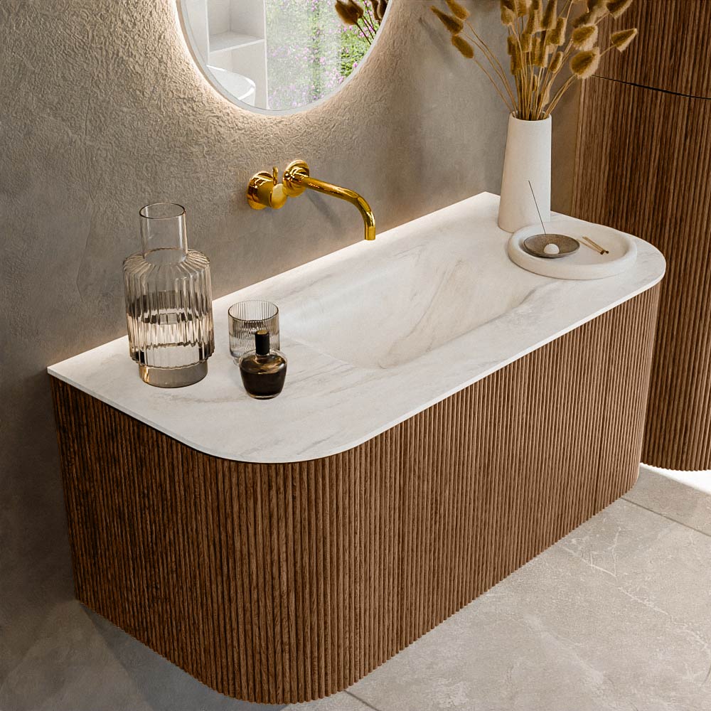 MONDIAZ KURVE-DLUX 100cm badmeubel ronding Links + Rechts kleur Walnut met 1 lade en 2 deuren. Wastafel GRUNNE Midden zonder kraangat Ostra.