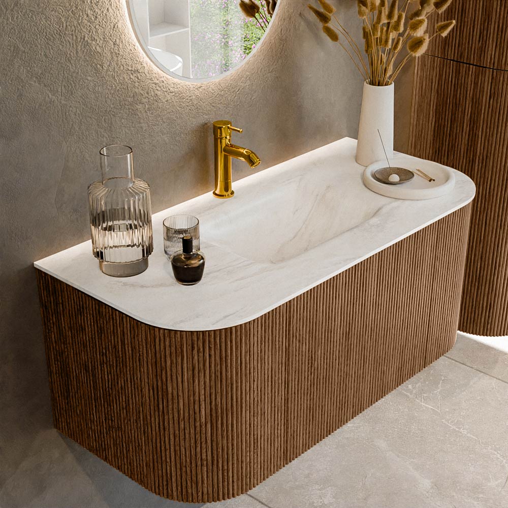 MONDIAZ KURVE-DLUX 100cm badmeubel ronding Links + Rechts kleur Walnut met 1 lade en 2 deuren. Wastafel GRUNNE Midden 1 kraangat Ostra.