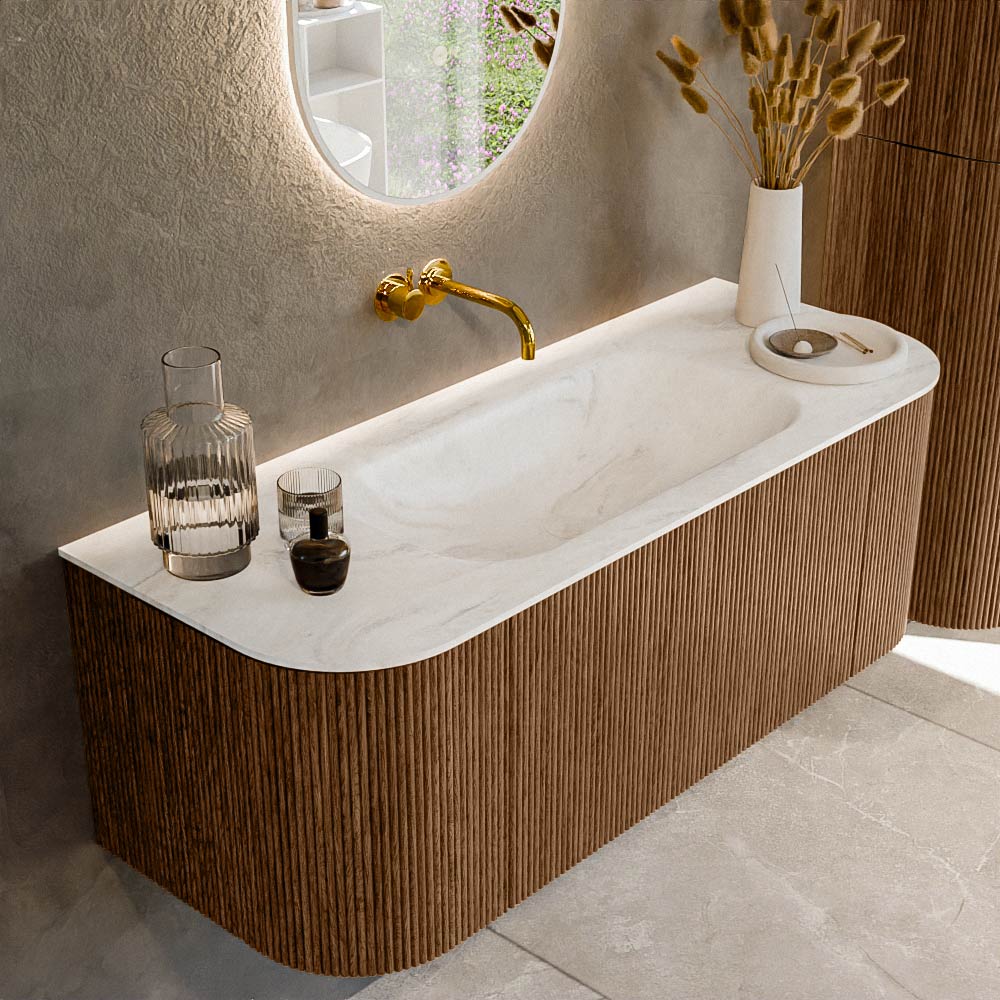 MONDIAZ KURVE-DLUX 120cm badmeubel ronding Links + Rechts kleur Walnut met 1 lade en 2 deuren. Wastafel BIG SMALL Midden zonder kraangat Ostra.