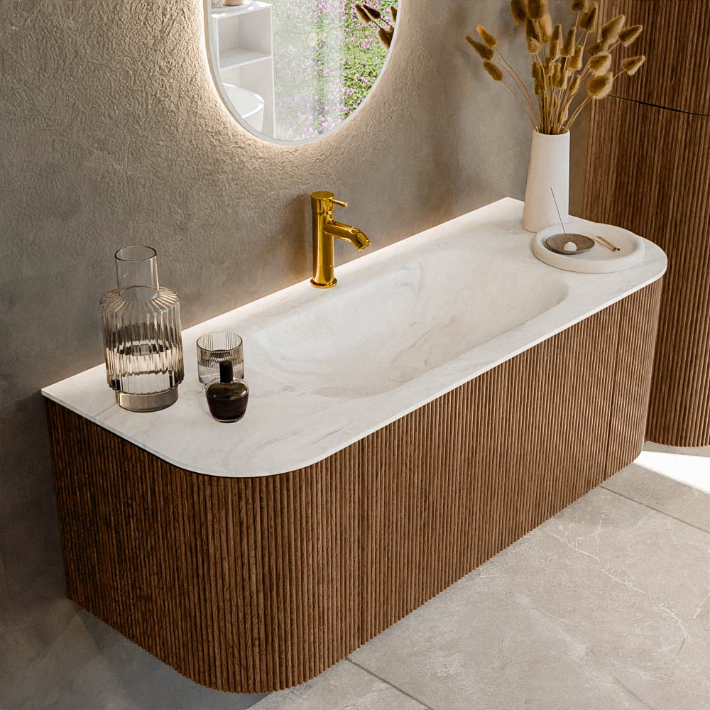 MONDIAZ KURVE-DLUX 120cm badmeubel ronding Links + Rechts kleur Walnut met 1 lade en 2 deuren. Wastafel BIG SMALL Midden 1 kraangat Ostra.