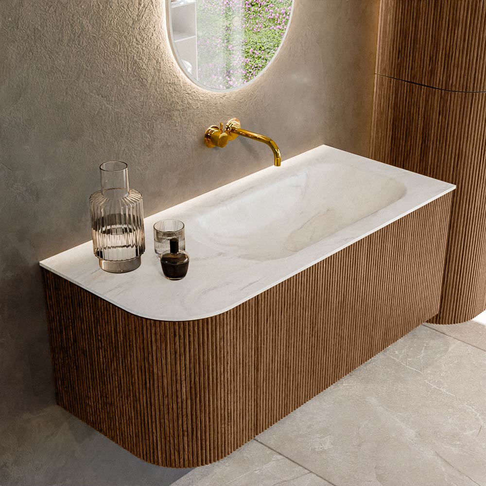 MONDIAZ KURVE-DLUX 105cm badmeubel ronding Links kleur Walnut met 1 lade en 1 deur. Wastafel BIG SMALL Rechts zonder kraangat Ostra.