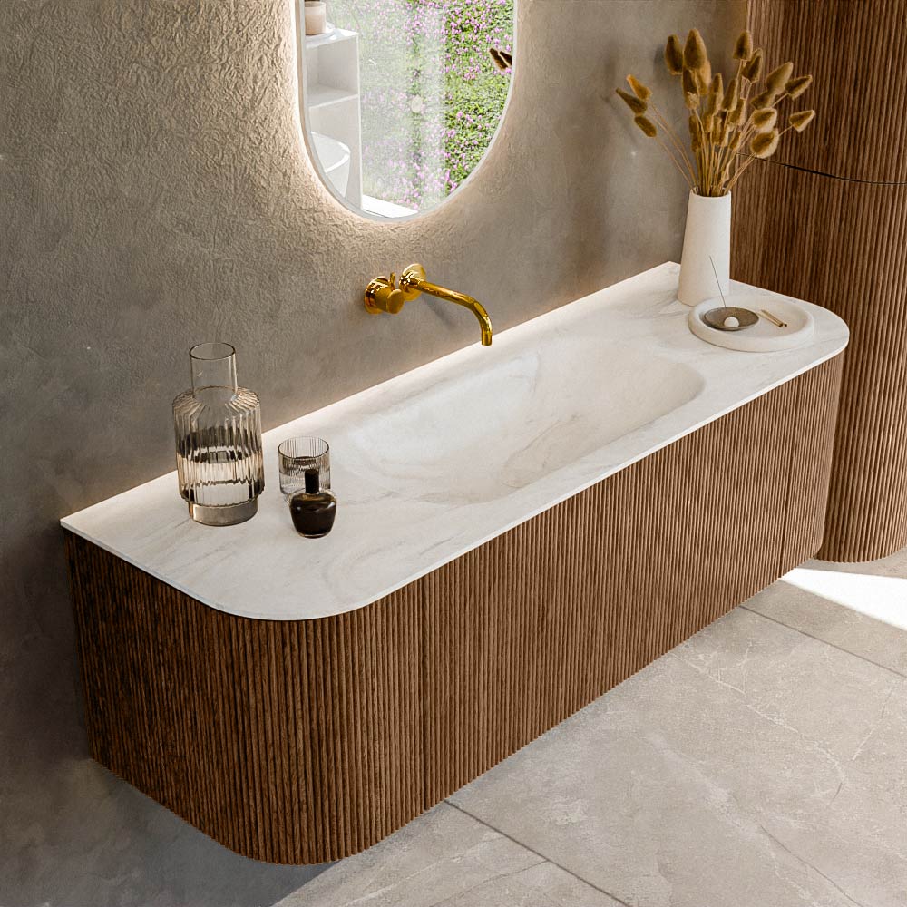 MONDIAZ KURVE-DLUX 140cm badmeubel ronding Links + Rechts kleur Walnut met 1 lade en 2 deuren. Wastafel BIG SMALL Midden zonder kraangat Ostra.