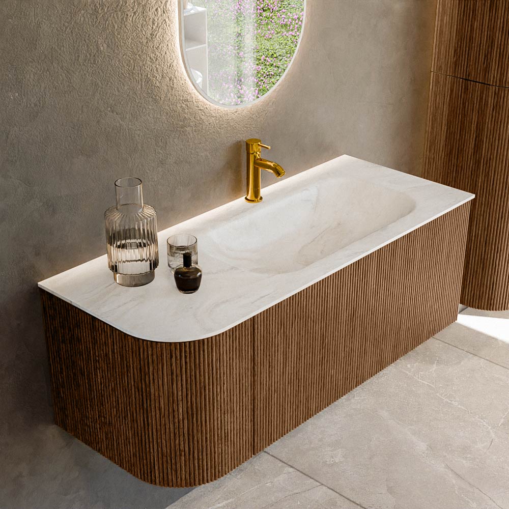 MONDIAZ KURVE-DLUX 115cm badmeubel ronding Links kleur Walnut met 1 lade en 1 deur. Wastafel BIG SMALL Rechts 1 kraangat Ostra.