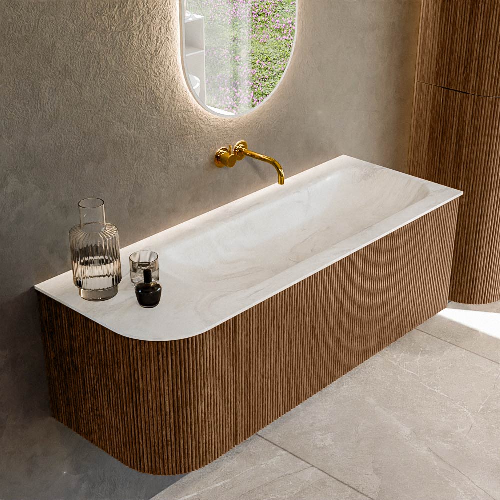 MONDIAZ KURVE-DLUX 125cm badmeubel ronding Links kleur Walnut met 1 lade en 1 deur. Wastafel BIG MEDIUM Rechts zonder kraangat Ostra.
