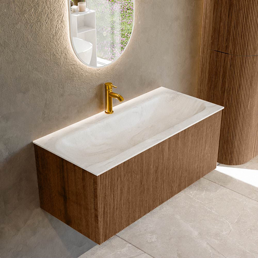 MONDIAZ KURVE-DLUX 100cm badmeubel kleur Walnut met 1 lade en 0 deuren. Wastafel BIG MEDIUM Midden 1 kraangat Ostra.