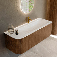 MONDIAZ KURVE-DLUX 125cm badmeubel ronding Links kleur Walnut met 1 lade en 1 deur. Wastafel BIG MEDIUM Rechts 1 kraangat Ostra.